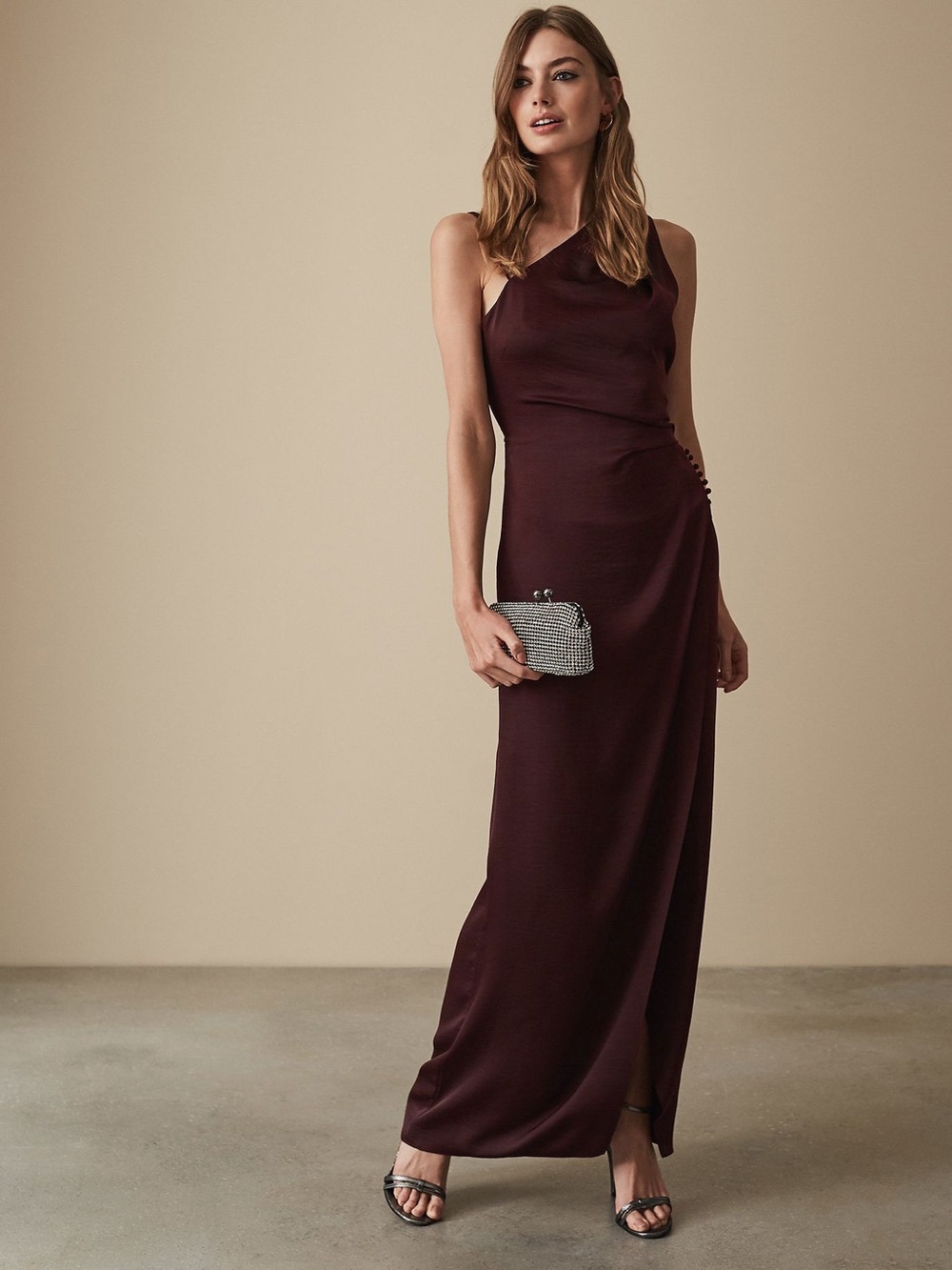 Reiss One-Shoulder Burgundy Evening Dress